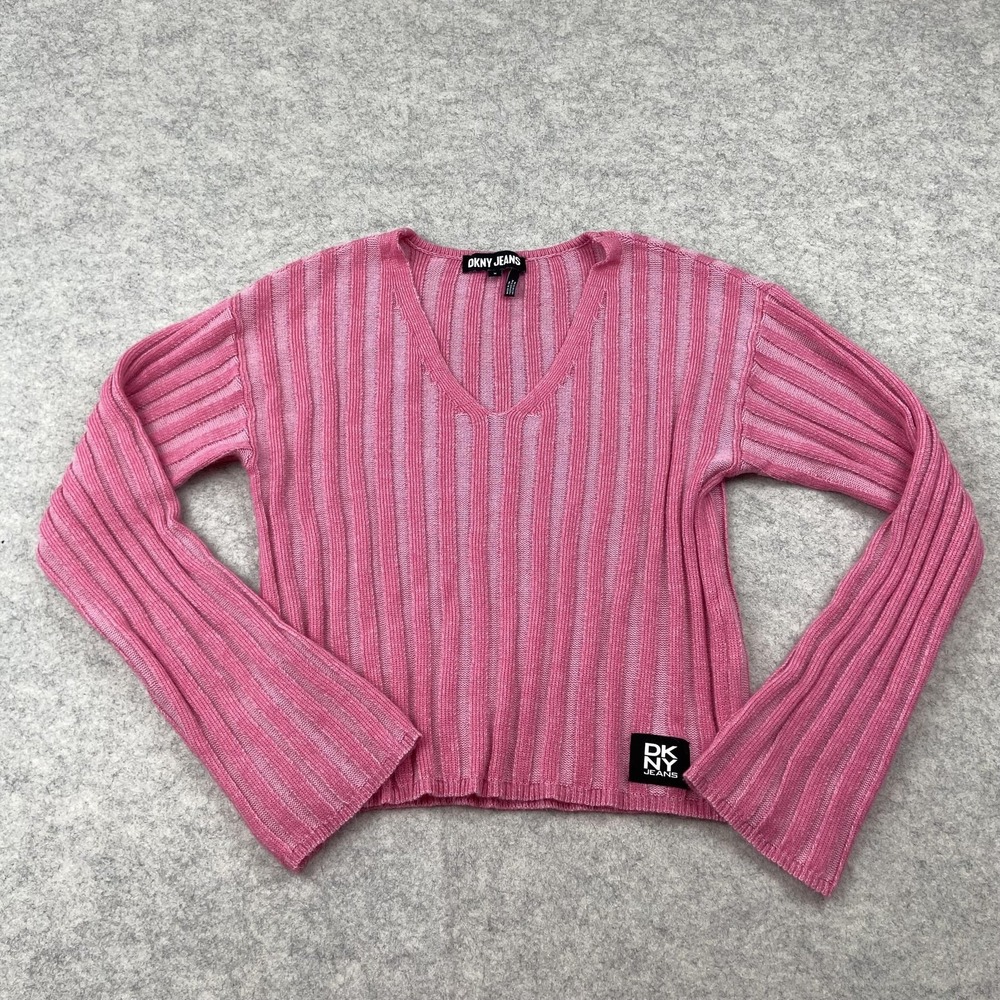 DKNY Jeans Sweater Womens Medium Pink Ribbed Knit V Neck Bell Sleeve Cropped